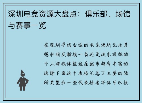 深圳电竞资源大盘点：俱乐部、场馆与赛事一览